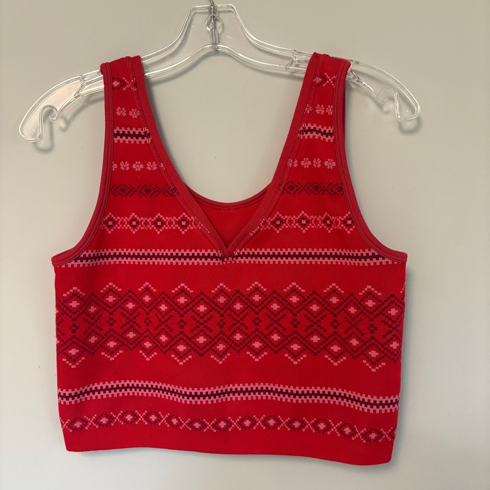 Fabletics Scandinavian Print Red Crop Sweater Tank Stretch Christmas Holiday S/M